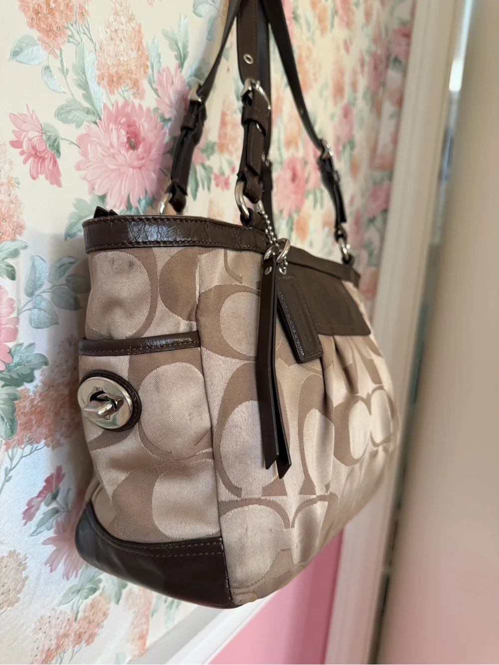 Coach Beige and Brown Signature Canvas Shoulder Bag